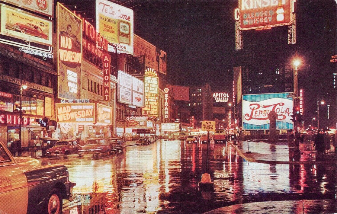 Rainy night at the Globe Theatre corner, 1950